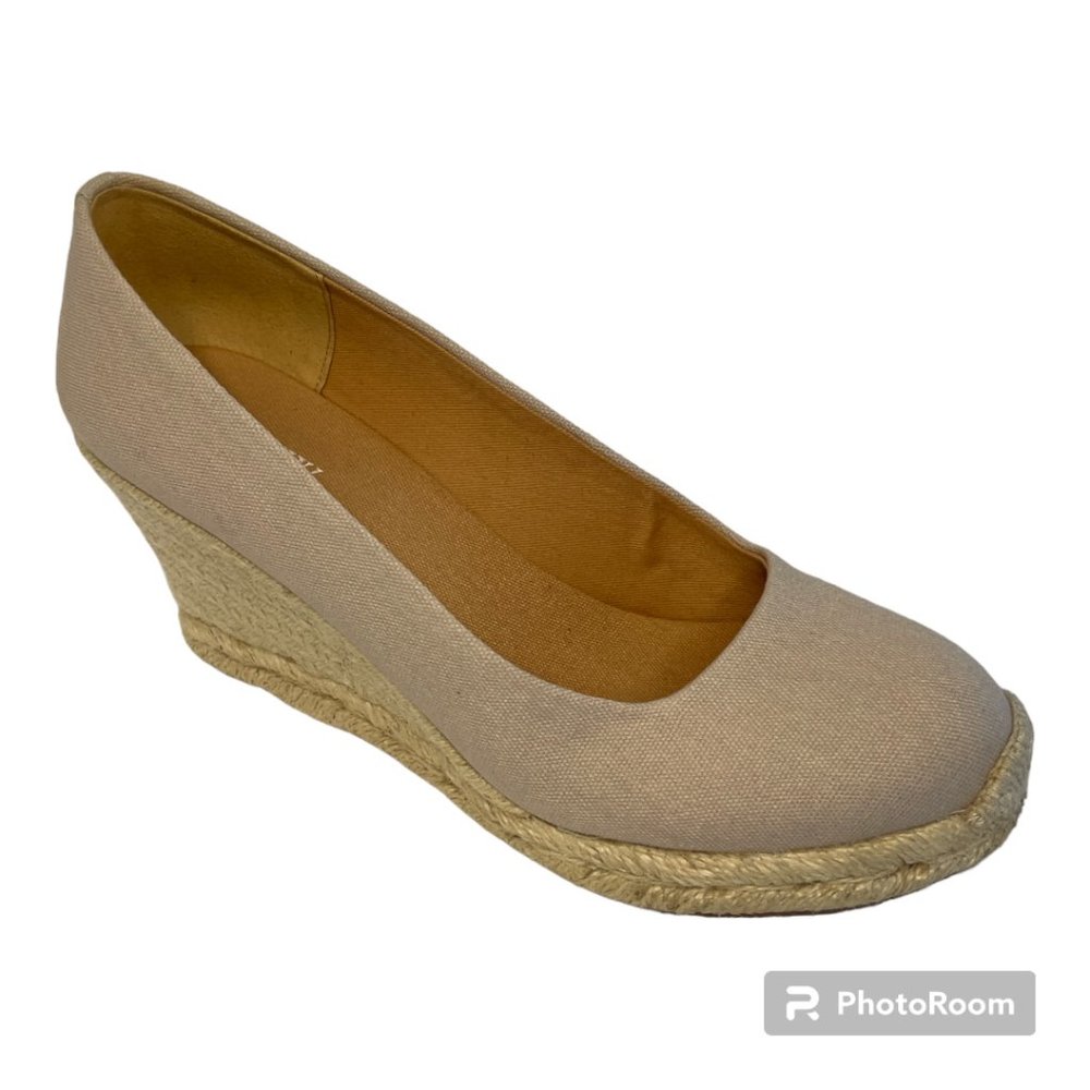 J CREW Tan-Neutral Canvas Wedge Espadrilles w/ Original Box SIZE 8